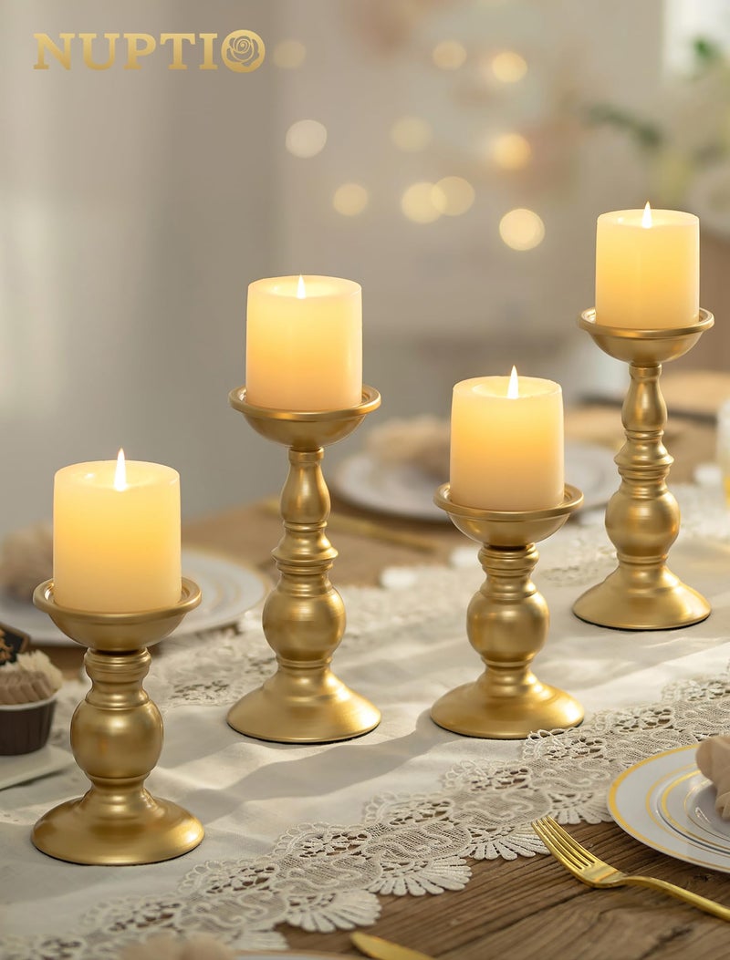 NUPTIO 2 Pcs Gold Pillar Candle Holders, Gold Candlestick Most Ideal for 3" Pillar Candles, Gifts for Wedding, Party, Home, Spa, Reiki, Votive Candle (S + L) - Image 2